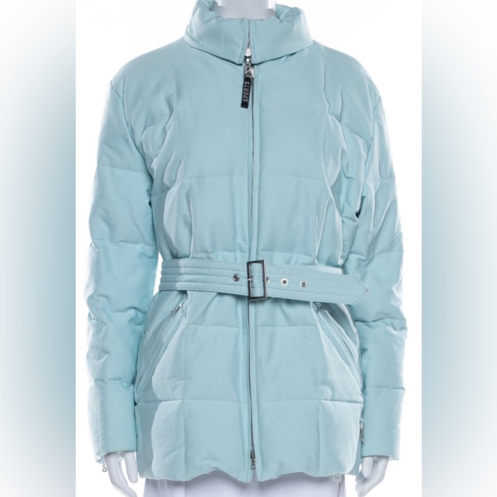 Bogner powder blue goose down puffer jacket parka with belt